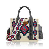 Handbag with tribal pattern strap and Wrangler branding on a white background
